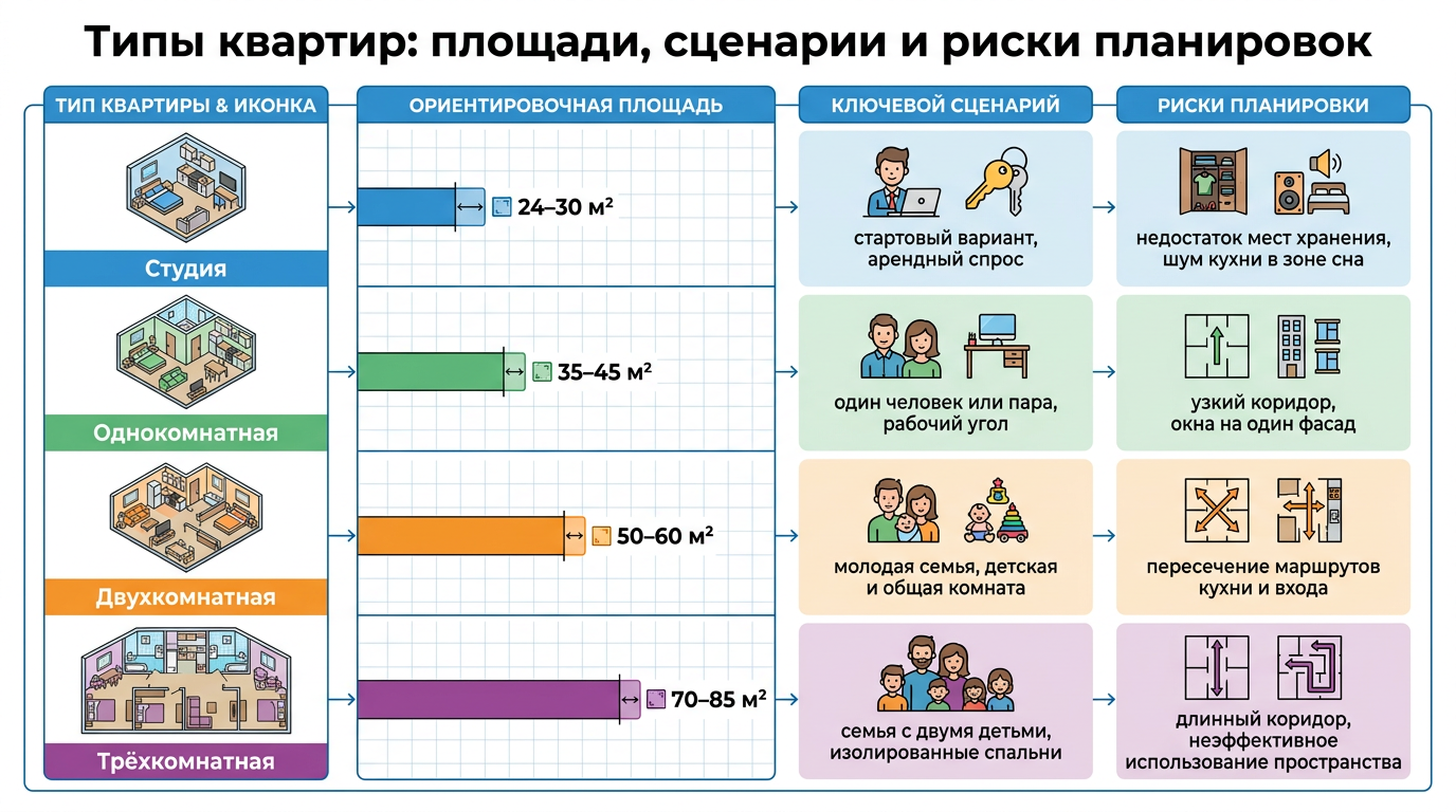 Типа квартир: площади, сценарии и риски планировок